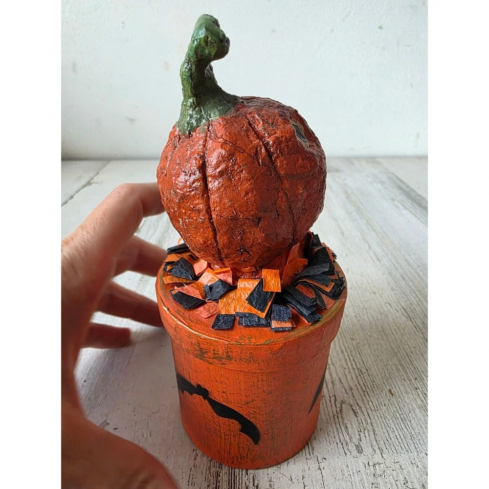Vintage folk art pumpkin canister bat Halloween statue figurine paper decor